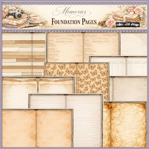 May include: A selection of vintage scrapbook foundation pages in warm beige and brown tones. The pages have varied textures, including lined paper, torn edges, and butterfly patterns. The image includes decorative elements and text, ideal for crafting.
