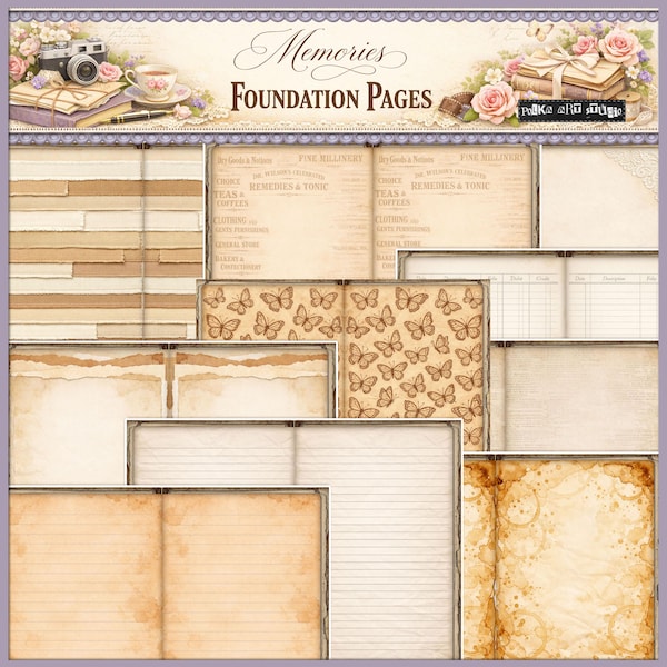 Paquete de páginas base Memories, papeles de fondo para diarios vintage, páginas base estilo shabby chic, colección de kits de diario imprimibles