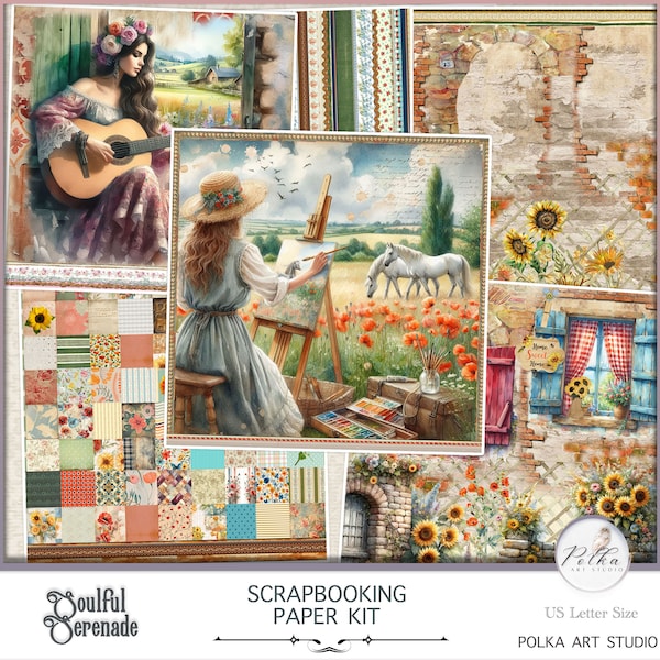 Digital Scrapbooking Decorative Paper Craft Kit, Boho Junk Journal Papers, Printable vintage graphics, Boho Illustration, Collage, Download