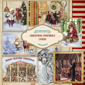 Junk Journal Vintage kortstondige kerstkaarten, afdrukbare vintage download, versieringen