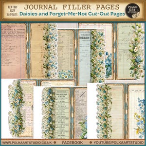 Pu&ograve; includere: Pagine di riempimento del diario con un'estetica vintage. Le pagine presentano un design floreale di margherite e nontiscordardim&eacute;, con un bordo smerlato. Il testo sulle pagine include "Journal Filler Pages" e "Daisies and Forget-Me-Not Cut-Out Pages".