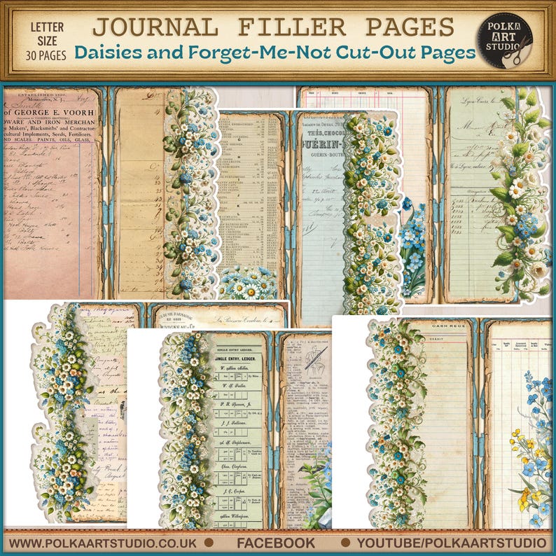 Pu&ograve; includere: Pagine di riempimento del diario con un'estetica vintage. Le pagine presentano un design floreale di margherite e nontiscordardim&eacute;, con un bordo smerlato. Il testo sulle pagine include "Journal Filler Pages" e "Daisies and Forget-Me-Not Cut-Out Pages".