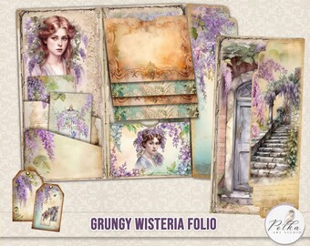 Folio vintage de Junk Journal, inserto de diario, efímera vintage de glicina, kit digital imprimible de folio plegado, flores, folio floral