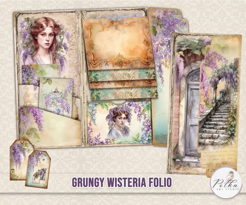 Peut inclure: Un kit de scrapbooking num&eacute;rique &agrave; l'esth&eacute;tique vintage mettant en sc&egrave;ne une femme avec une couronne florale, une cage &agrave; oiseaux et une porte recouverte de glycines. Le kit comprend divers papiers, &eacute;tiquettes et embellissements avec une texture grunge. Le texte "Grungy Wisteria Folio" est inclus dans l'image.