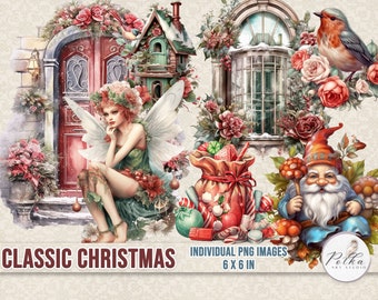 Cyfrowy zestaw ilustracji clipart, klasyczny Christmas Santa clipart, akwarela do druku, naklejki, dziennik śmieci Vintage wiktoriański fussy cuts