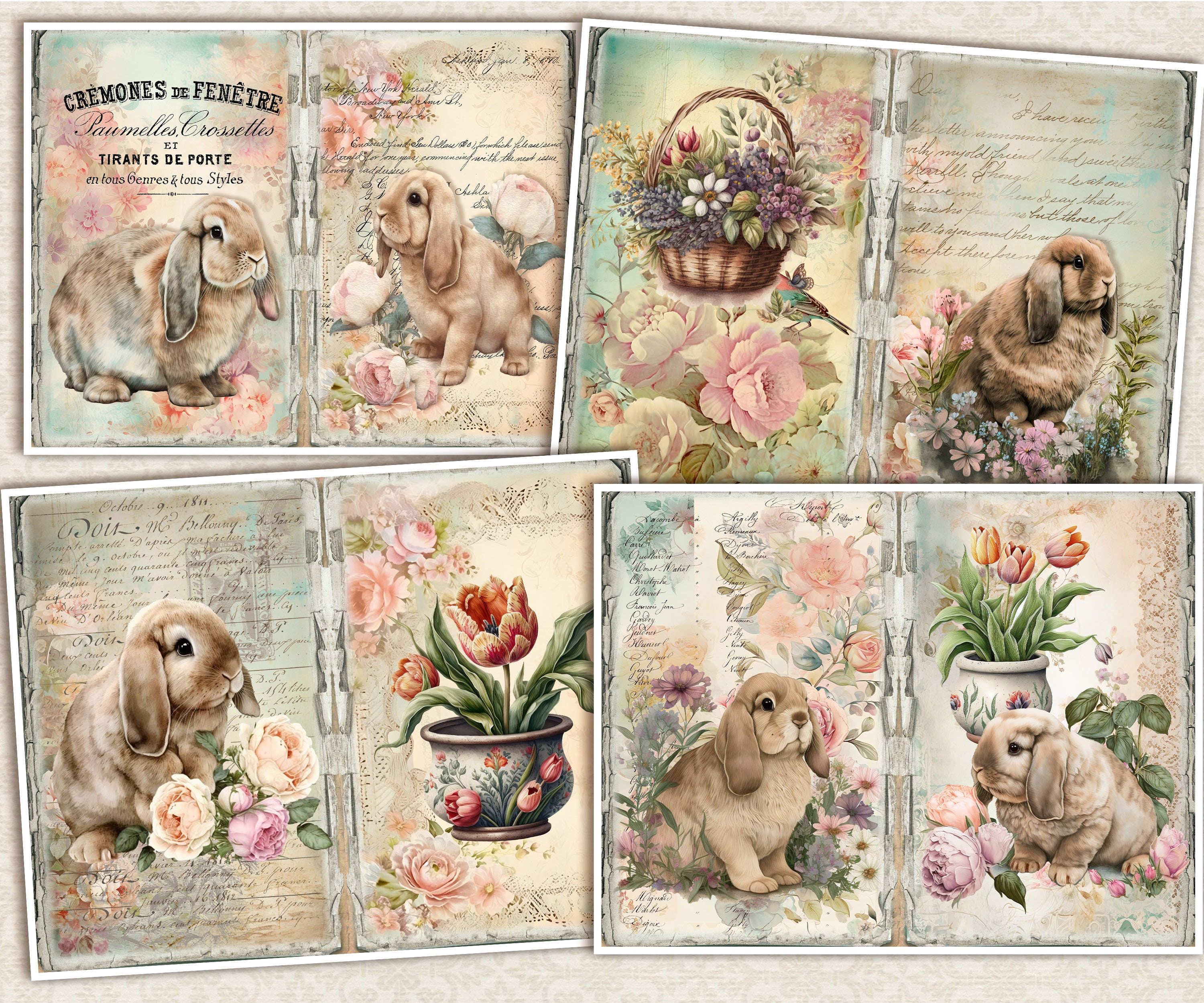 Vintage Easter Bunny Junk Journal Kit: Shabby Chic Collage Papers ...