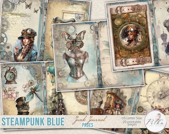 Junk Journal Steampunk Blue, Victorian Journaling Digi Kit, Printable Steampunk Craft Kit, Digital Download, Vintage paper, Journal Kit