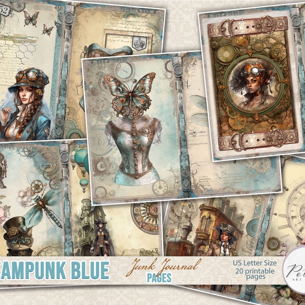 Junk Journal Steampunk Blue, Victorian Journaling Digi Kit, Printable Steampunk Craft Kit, Digital Download, Vintage paper, Journal Kit