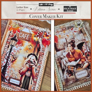 Può includere: Un Cover Maker Kit con tema "Scene autunnali". Il kit include 20 pagine e 10 scene mix and match. La copertina presenta una scena di caffè e una donna che legge un libro. La parola "Journal" è visibile.