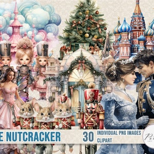 Conjunto de ilustrações de clipart digital, clipart de Natal do quebra-nozes, aquarela vitoriana para impressão, adesivos, junk Journal vintage, cortes complicados