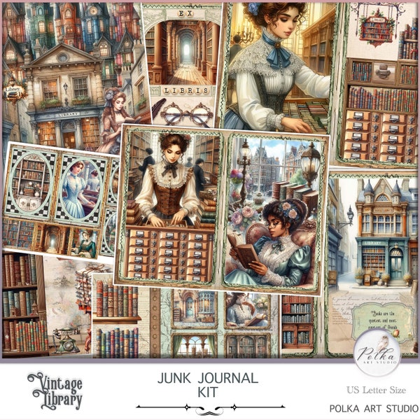 Digital Junk Journal Kit, Victorian Vintage Library, Journal Books Ephemera Vintage, Printable vintage graphics, Antique Library images