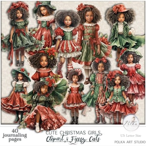 Junk Journal Fussy Cuts Cute Christmas Girls Collection, download digital, Cricut, adesivos digitais, coisas efêmeras vitorianas, adesivos de planejador