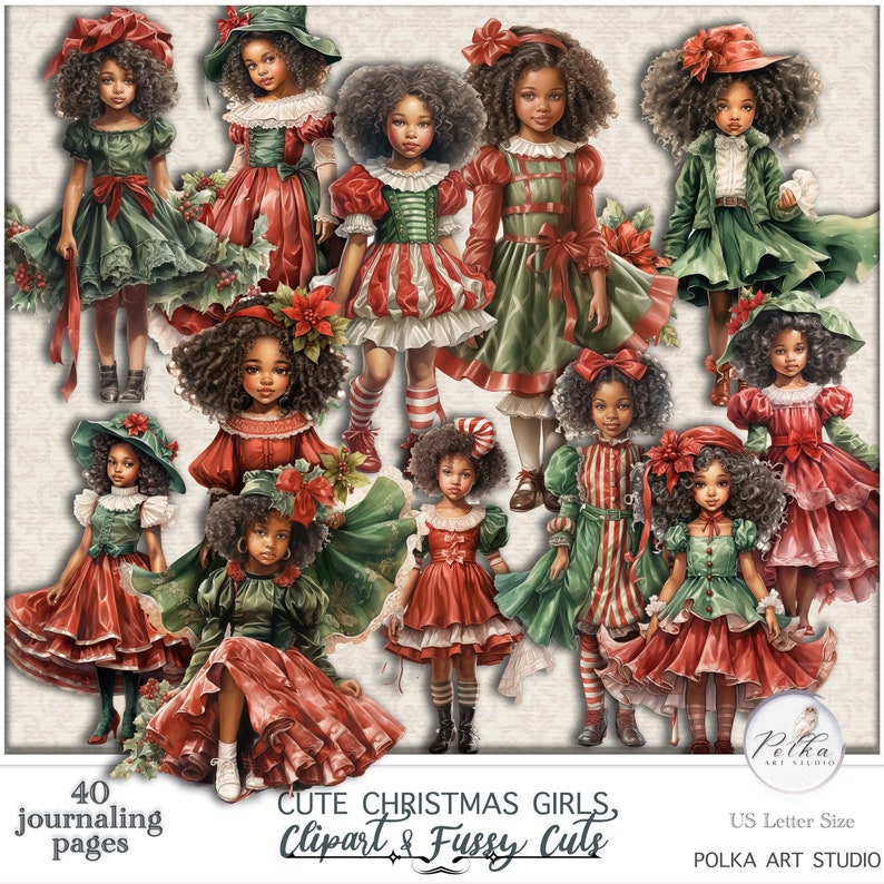K&ouml;nnte beinhalten: Ein digitaler Clipart-Satz mit 40 Weihnachtsm&auml;dchen in roten, gr&uuml;nen und wei&szlig;en Outfits. Die M&auml;dchen haben dunkle Haut und lockiges Haar. Das Bild enth&auml;lt den Text "Cute Christmas Girls, Clipart & Fussy Cuts".