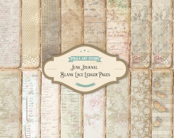 Junk-Journal leere Spitzen-Ledger Vintage-Seiten, Sofort-Download, 20 doppelt bedruckbare Seiten, neutrales, florales Pastellpapier