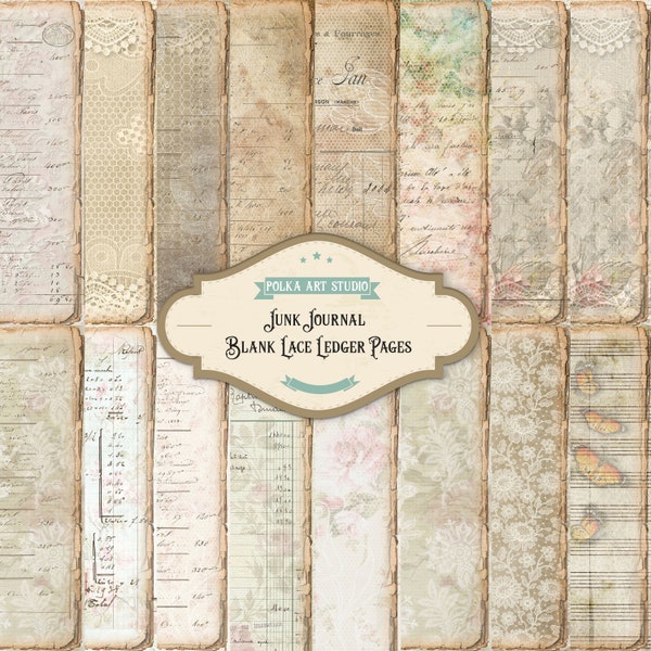 Junk Journal Blank Lace Ledger Vintage Pages, Instant download, 20 double printable pages- Neutral, floral pastel papers
