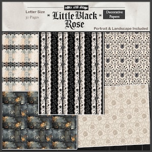 May include: Decorative papers with various patterns. The designs include floral, key and lock, and textured brick patterns. The text "Little Black Rose" is displayed at the top, along with "Letter Size" and "30 Pages".