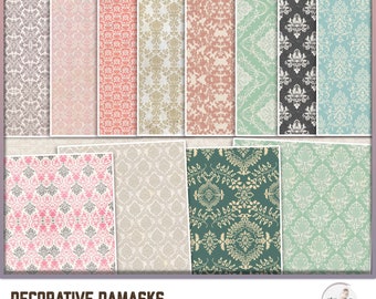 May include: A set of 12 digital papers featuring decorative damask patterns in various colors, including pink, blue, green, and gray. The papers are designed for use as journal pages and are US letter size.