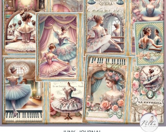 May include: A digital collage kit featuring images of ballerinas in various poses, with a vintage aesthetic. The kit includes images of ballerinas in tutus, a piano keyboard, and floral designs. The text "Ballet Bliss" and "JUNK JOURNAL KIT" is included in the image. The kit is designed for use in junk journals and other paper crafts.