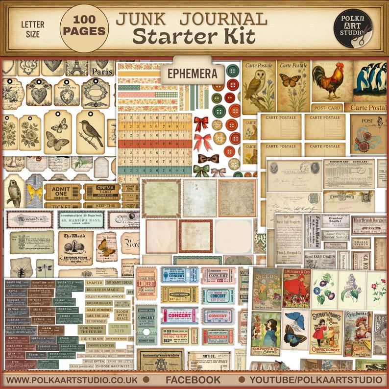 Vintage Attic Junk Journal Starter Kit: 100 Ephemera Pages (digital ...