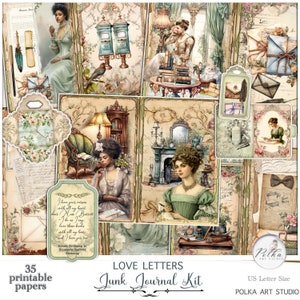 Kit de diario basura Kit de papel de cartas de amor, Diario imprimible romántico vintage, Papeles de descarga digital de collage, Kit de dígitos, Suministros de artesanía