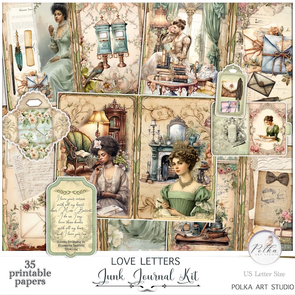 Junk Journal Kit Love Letters Paper Kit, Vintage Romantic Printable Journal, Collage Digital Download Papers, Digit Kit, Crafting Supplies