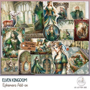 Junk Journal Ephemera Add-on Kit Fantasy Elven Kingdom, vintage dagboek, middeleeuwse elfen, afdrukbaar tijdschrift magisch bos, digitale download