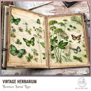 Diario basura Verde Digital Decorativo Herbario Páginas de Diario, Flores Papeles Scrapbooking, Paquete de Papel Decorativo Acuarela Vintage