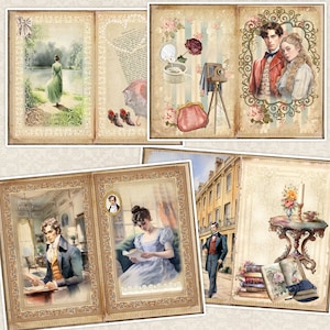 May include: A vintage scrapbook with pages featuring illustrations of people, a camera, and flowers. The scrapbook has a brown leather cover with gold accents.