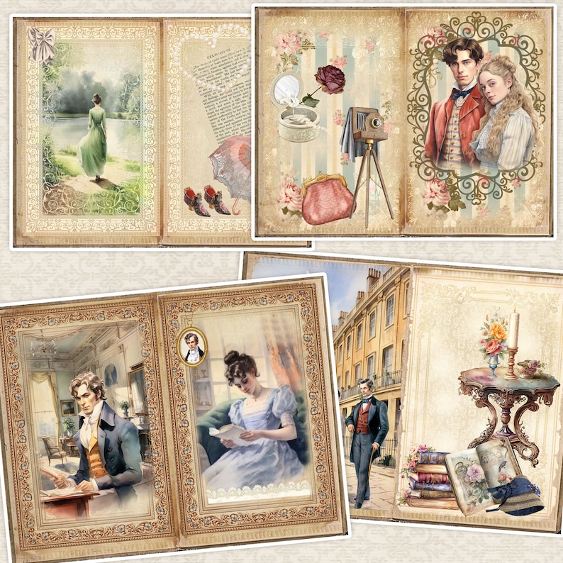 May include: A vintage scrapbook with pages featuring illustrations of people, a camera, and flowers. The scrapbook has a brown leather cover with gold accents.