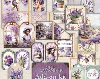 Vintage Lavender Junk Journal Digital Add-On Kit, Floral Printable Decorative Ephemera, Rural Provence Tags, pockets Embellishments