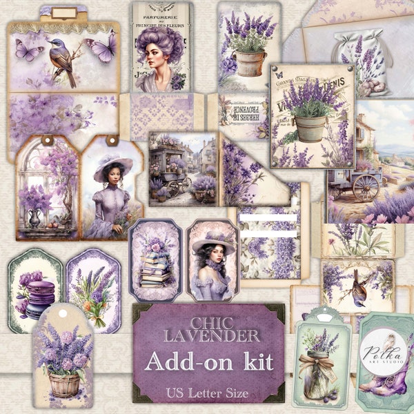 Vintage Lavendel Junk Journal Digital Add-On Kit, Floral druckbare dekorative Ephemera, ländliche Provence Tags, Taschen Verschönerungen