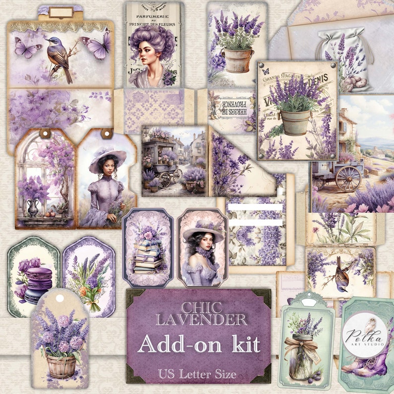 Vintage Lavender Junk Journal Digital Add-On Kit, Floral Printable Decorative Ephemera, Rural Provence Tags, pockets Embellishments image 1