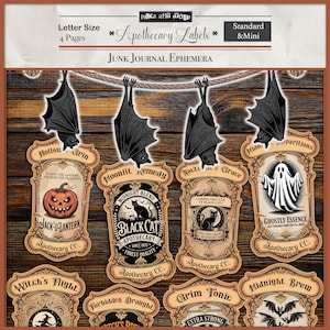 Może przedstawiać: Etykiety apteczne w stylu vintage z motywami Halloween, w tym nietoperzami, dyniami i duchami. Etykiety zawierają teksty takie jak "Jack-O-Lantern", "Black Cat Apothecary" i "Ghostly Essence". Zaprojektowane do junk journali, na drewnianym tle.