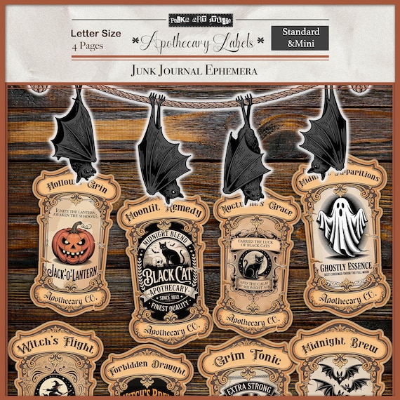 Digital Junk Journal Apothecary Labels, Autumn Halloween Printable Tags