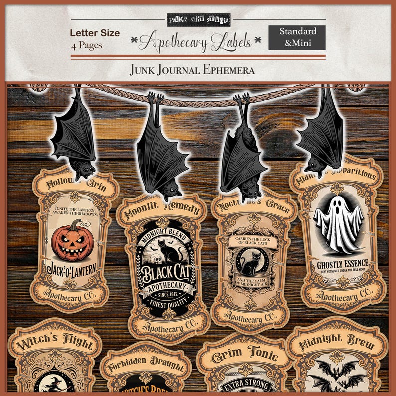 May include: Apothecary labels with a vintage design, featuring bats, pumpkins, and ghosts. The labels include text such as "Jack-O-Lantern," "Black Cat Apothecary," and "Ghostly Essence." The labels are designed for junk journals and are printed on a wooden background.
