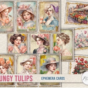 Tarjetas efímeras vintage para diario basura, elegantes damas victorianas, páginas de diario con tulipanes, papeles de collage Shabby Chic para imprimir, álbum de recortes