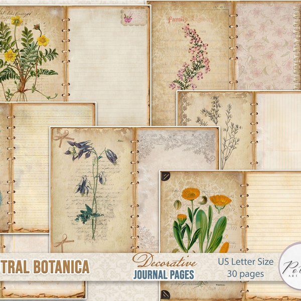 Junk Journal, Vintage Botanical Neutral Journal Pages, Vintage Flowers, Printable Digital Download, Scrapbooking Floral Pages, Journaling