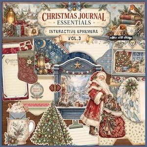 Op de afbeelding: Een verzameling kerst-thema papieren ephemera met een kerstmanfiguur, een versierde boom, een kerstsok, een mok met een drankje en diverse feestelijke labels. De tekst luidt Christmas Journal Essentials Interactive Ephemera Vol. 3.