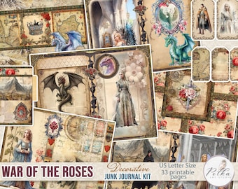 Junk Journal Digital Kit War of Roses, Medieval Fantasy Dragons Printable vintage Paper Pack, Collage Papers, Digital Journal, Scrapbook