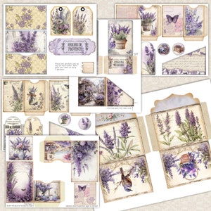 Vintage Lavender Junk Journal Digital Add-On Kit, Floral Printable Decorative Ephemera, Rural Provence Tags, pockets Embellishments image 3