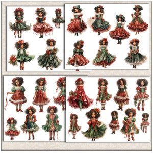K&ouml;nnte beinhalten: Ein digitales Collage-Blatt mit 20 Illustrationen von jungen M&auml;dchen in festlichen Weihnachtskleidern. Die M&auml;dchen sind in verschiedenen Posen dargestellt, einige halten Blumen, andere B&auml;nder, und alle haben fr&ouml;hliche Gesichtsausdr&uuml;cke. Die Kleider sind eine Mischung aus Rot und Gr&uuml;n mit aufwendigen Details und Spitze.
