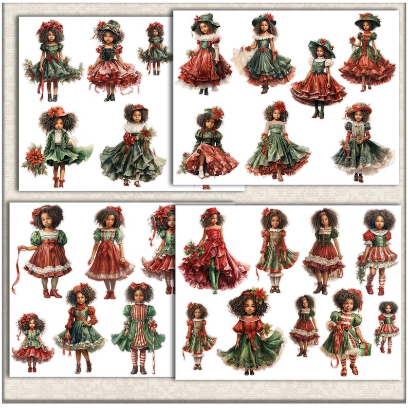 K&ouml;nnte beinhalten: Ein digitales Collage-Blatt mit 20 Illustrationen von jungen M&auml;dchen in festlichen Weihnachtskleidern. Die M&auml;dchen sind in verschiedenen Posen dargestellt, einige halten Blumen, andere B&auml;nder, und alle haben fr&ouml;hliche Gesichtsausdr&uuml;cke. Die Kleider sind eine Mischung aus Rot und Gr&uuml;n mit aufwendigen Details und Spitze.