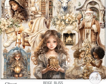Puede incluir: Paquete de papel digital beige y blanco con un tema navideño. El paquete incluye imágenes de una niña sosteniendo un regalo, una chimenea, un ciervo, un Papá Noel y una niña con una linterna. El texto "Beige Bliss Fussy Cuts Collection" está en la parte inferior de la imagen.
