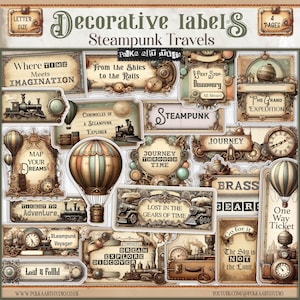 Digital Junk Journal Steampunk Travel Vintage Efemere Labels Papier Kit, Kieskeurige Cuts, Afdrukbare Download Victoriaanse Woorden & Citaten Efemere