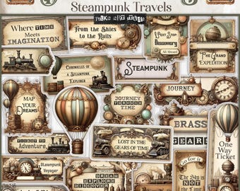 Digital Junk Journal Steampunk Travel Vintage Ephemera Labels Paper Kit, Fussy Cuts,Printable Download Victorian Words & Quotes Ephemera