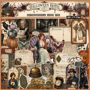 Op de afbeelding: Een collectie Halloween Hotel Room 13 ephemera met vintage illustraties van een hotelbel, een gastenregistratieformulier, een ansichtkaart, een zwarte kat, een zittend persoon, sleutels, pompoenen en een persoon in een pak.