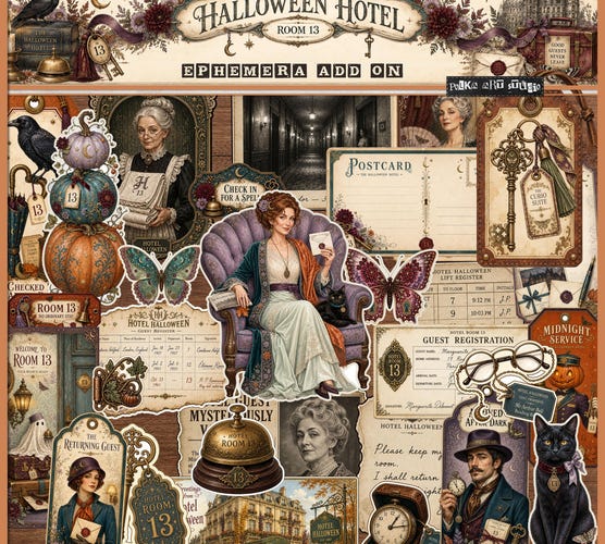 Hotel Halloween Ephemera Printable — Vintage Halloween Junk Journal Kit & Fussy Cuts