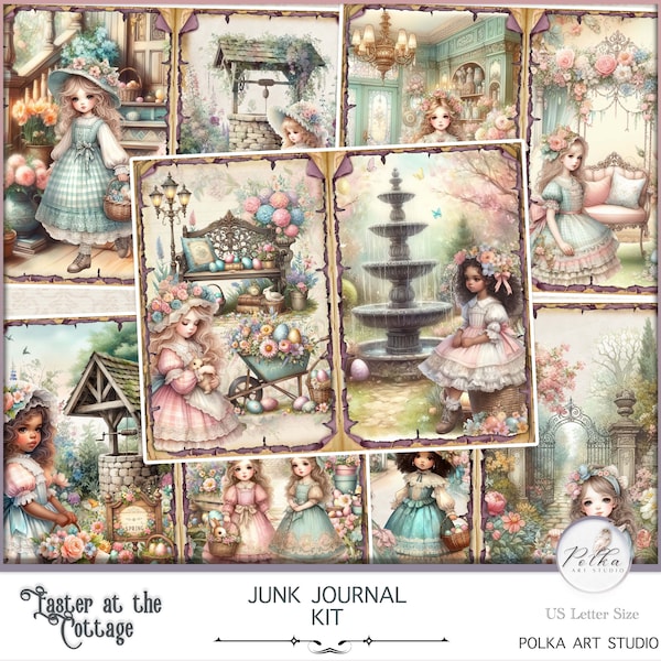 Digital Easter Junk Journal Kit, Shabby Chic Cottage Girls, Pastel Watercolor Vintage Digital Download Decorative Papers, Cute Girls