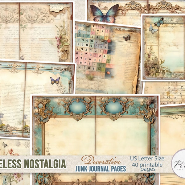 Digital Junk Journal Kit, Basic Journaling Essentials, Vintage Victorian Calligraphy, Pastel, Floral Ledger Pages, Collage Vintage Papers