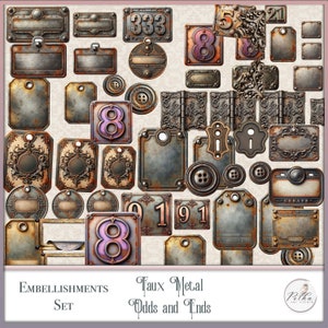 Kit d'embellissements en métal vintage numérique imprimable pour journal indésirable, étiquettes de journalisation indésirable, étiquettes, plaques signalétiques, numéros, papiers imprimables